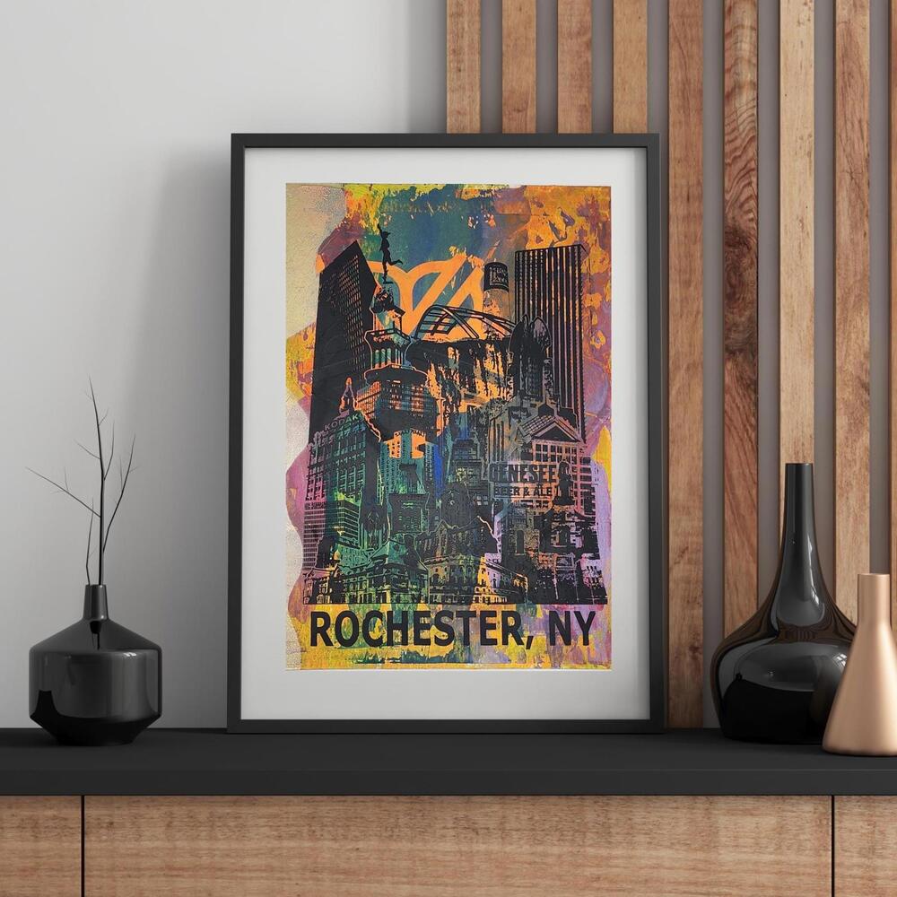 The 'Kameiros' Monoprint Poster of the Rochester, NY Skyline Poster. 13 x 19"